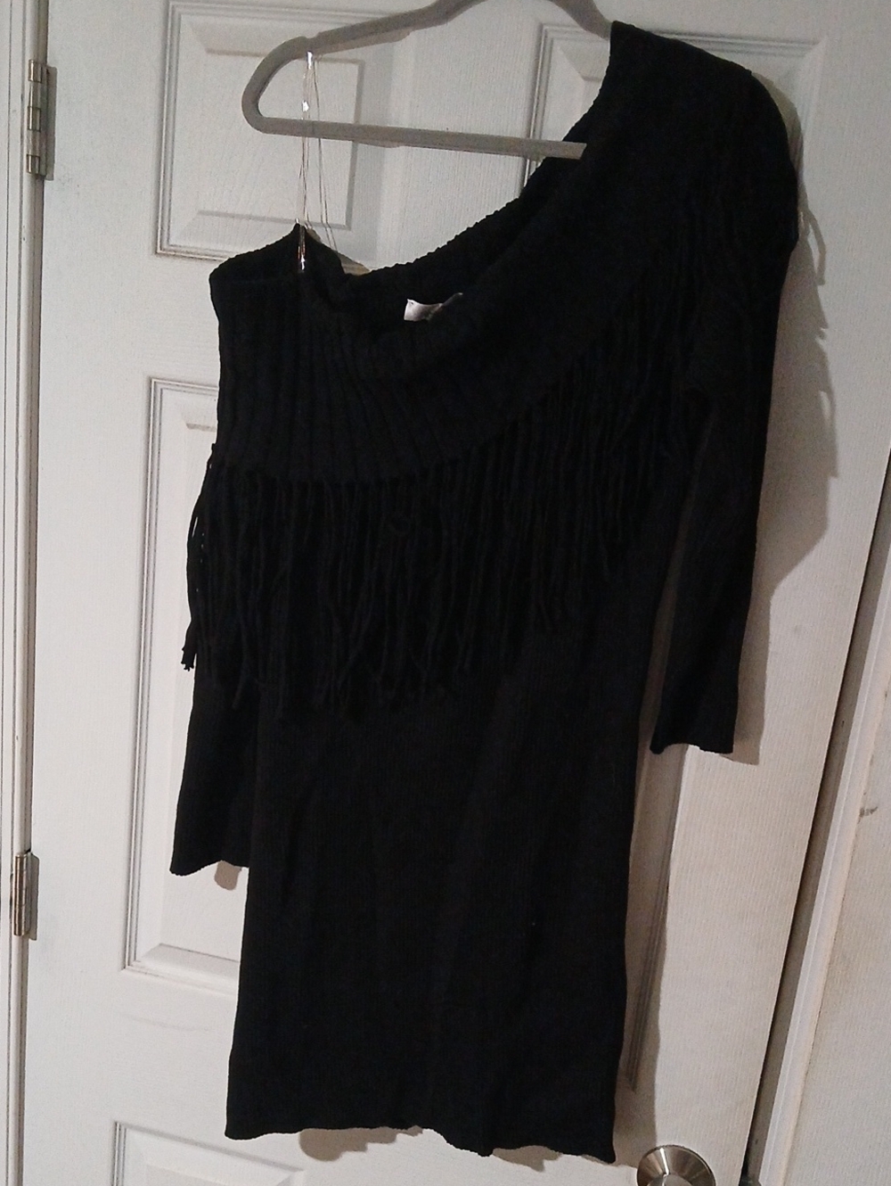 Black Fringe Knit Women's Dress - Classic One-Shoulder Style